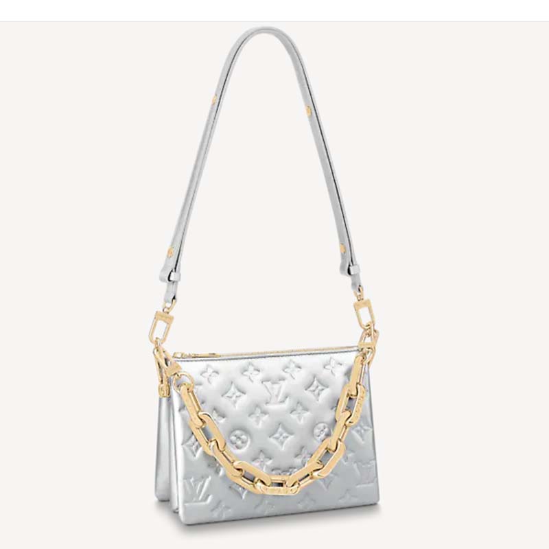 Louis Vuitton Silver Sequin and Monogram Embossed Silver Lambskin Coussin Bb Gold Hardware, 2022 (Like New), Womens Handbag