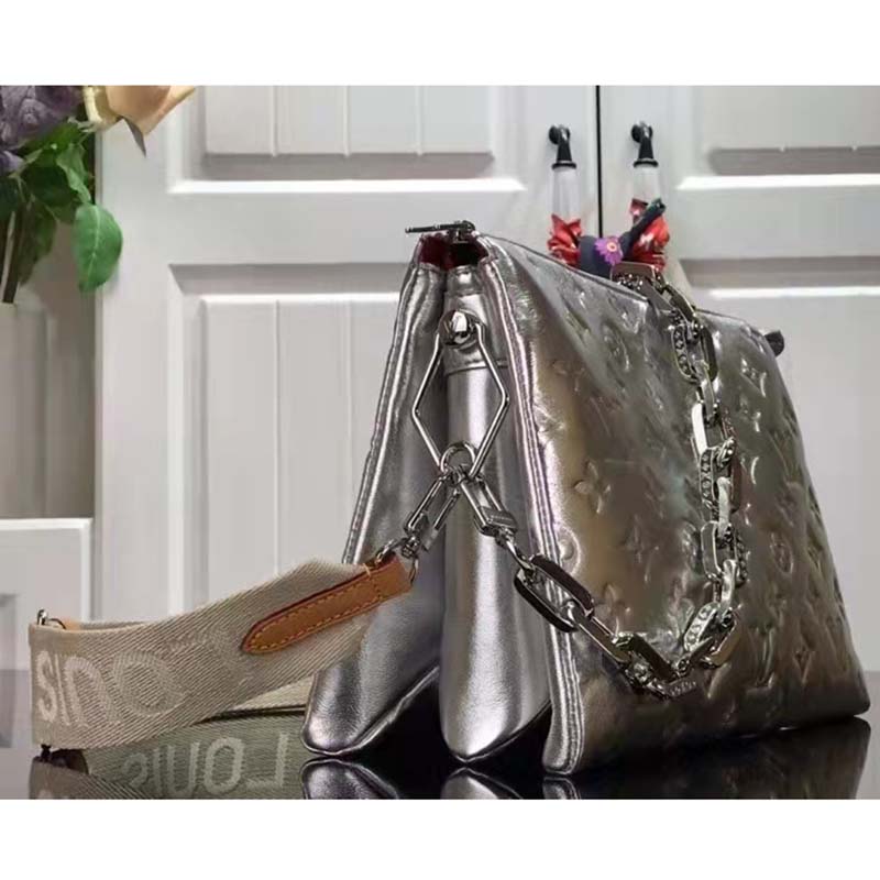 Louis Vuitton Silver Sequin and Monogram Embossed Silver Lambskin Coussin Bb Gold Hardware, 2022 (Like New), Womens Handbag