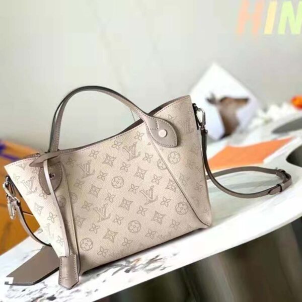 Louis Vuitton LV Women Hina PM Bucket Bag Gray Mahina Perforated Calf (9)