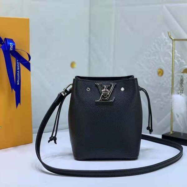 Louis Vuitton LV Women Nano Lockme Bucket Bag Black Grained Calf Leather (14)