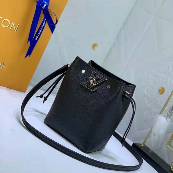 Louis Vuitton LV Women Nano Lockme Bucket Bag Black Grained Calf Leather (5)