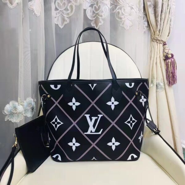 Louis Vuitton LV Women Neverfull MM Tote Black Pink Grained Cowhide Leather (10)