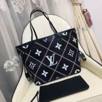 Louis Vuitton LV Women Neverfull MM Tote Black Pink Grained Cowhide Leather (2)