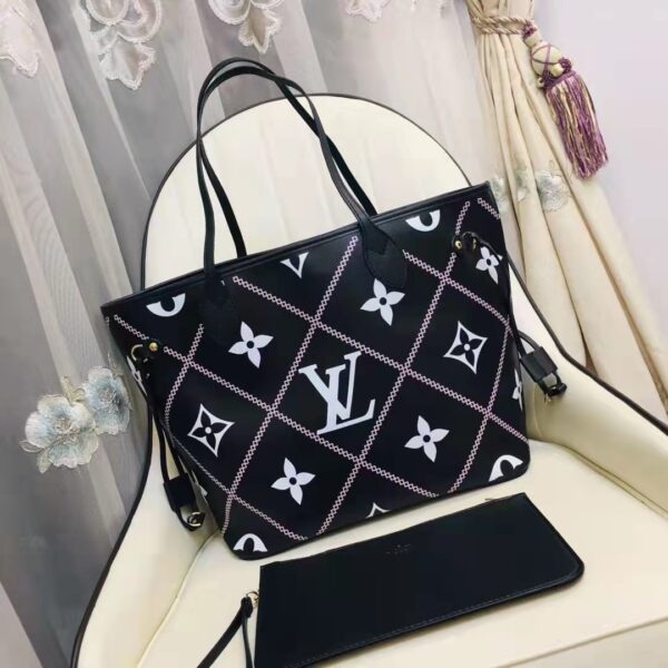 Louis Vuitton LV Women Neverfull MM Tote Black Pink Grained Cowhide Leather (11)