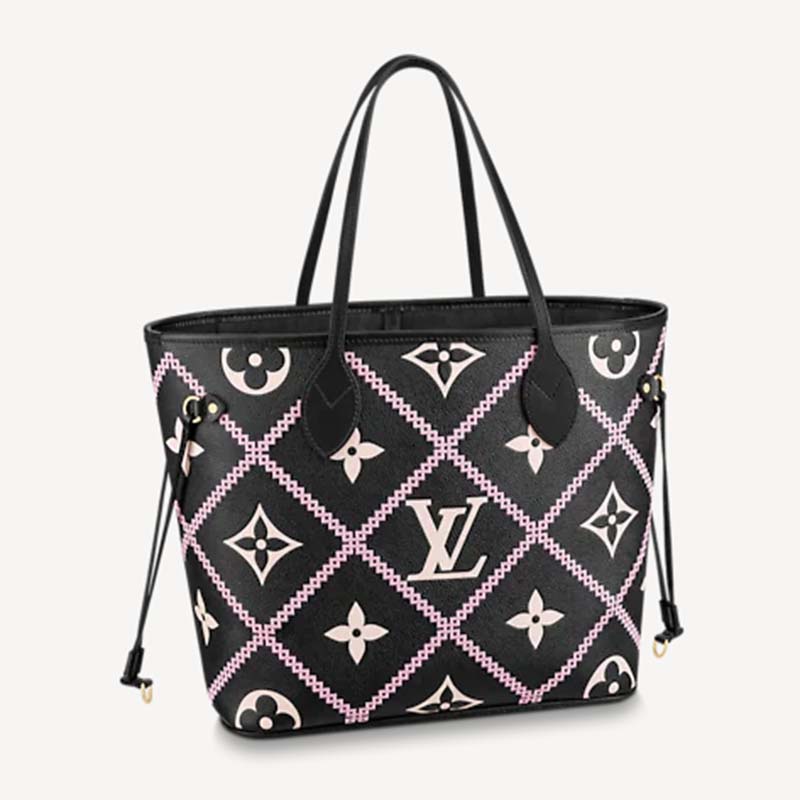 Louis Vuitton LV Women Neverfull MM Tote Black Pink Grained Cowhide Leather  - LULUX