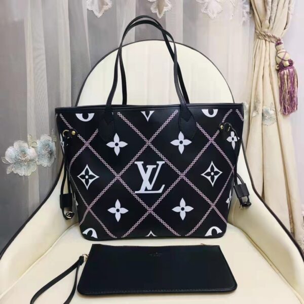 Louis Vuitton LV Women Neverfull MM Tote Black Pink Grained Cowhide Leather (5)