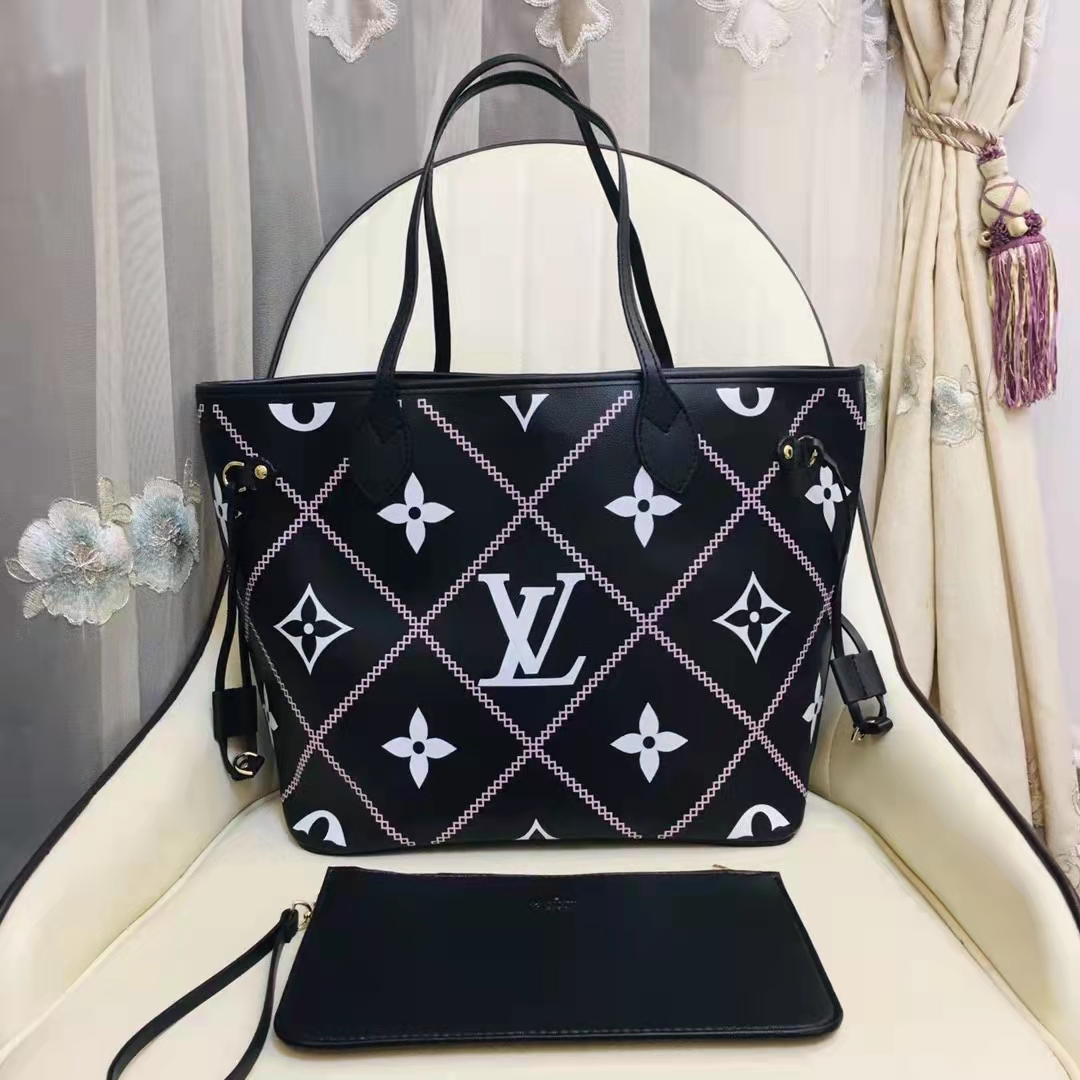 Louis Vuitton LV Women Neverfull MM Tote Black Pink Grained Cowhide Leather 5