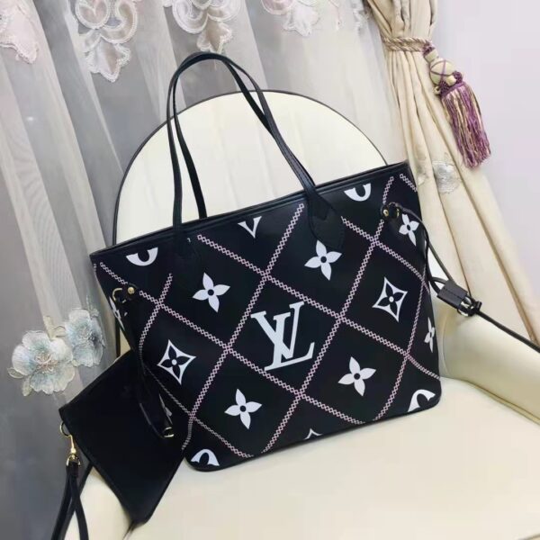 Louis Vuitton LV Women Neverfull MM Tote Black Pink Grained Cowhide Leather (6)