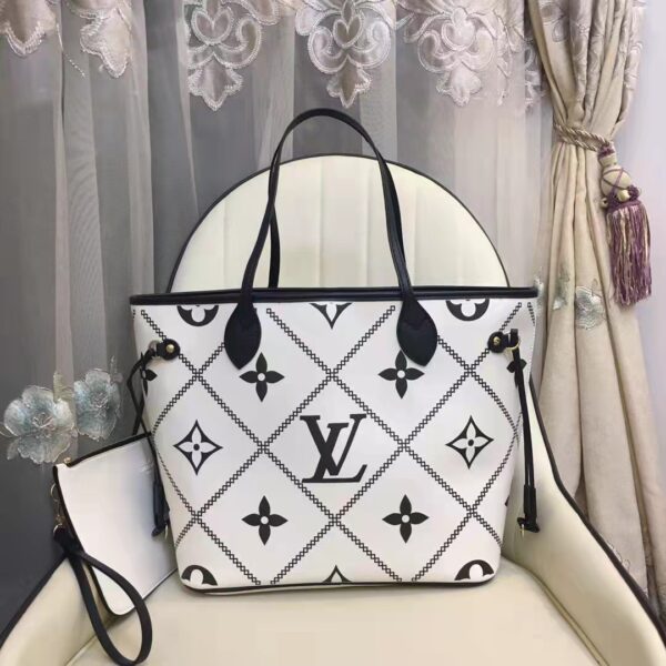 Louis Vuitton LV Women Neverfull MM Tote Crème Beige Grained Cowhide Leather (1)