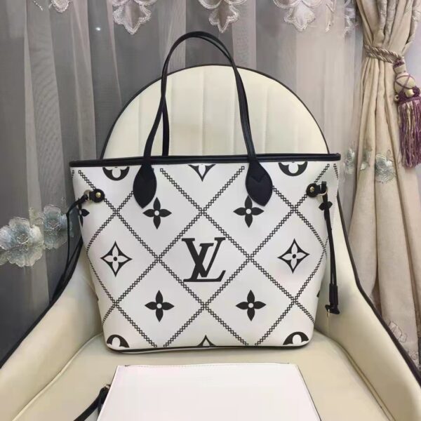 Louis Vuitton LV Women Neverfull MM Tote Crème Beige Grained Cowhide Leather (8)