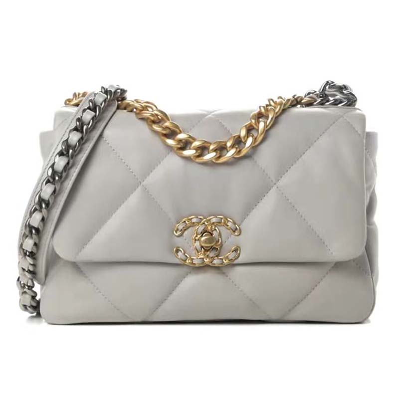 Chanel 19 large handbag, Shiny lambskin, gold-tone, silver-tone &  ruthenium-finish metal, white — Fashion | CHANEL