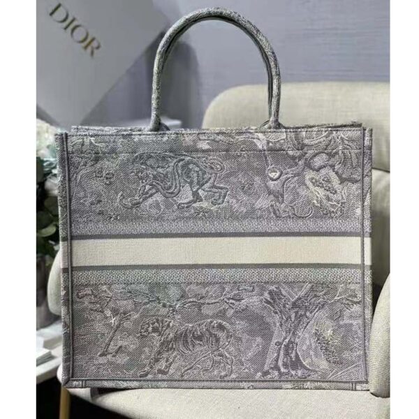 Dior Unisex CD Large Dior Book Tote Gray Toile De Jouy Embroidery (5)