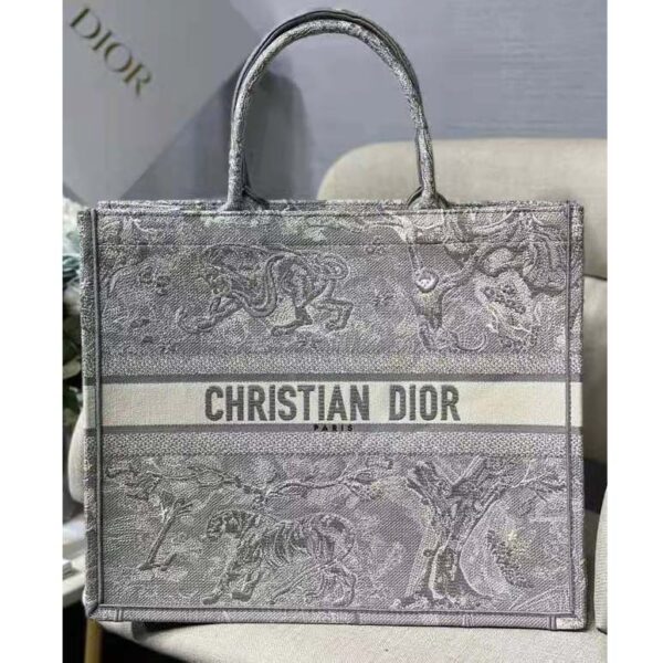 Dior Unisex CD Large Dior Book Tote Gray Toile De Jouy Embroidery (9)
