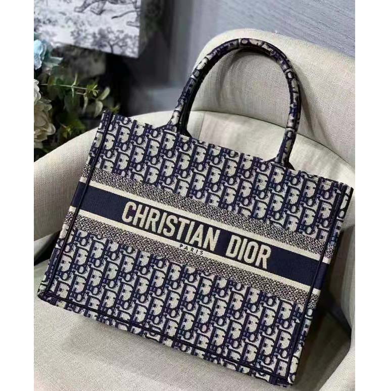 Medium Dior Book Tote Ecru and Blue Dior Oblique Embroidery (36 x