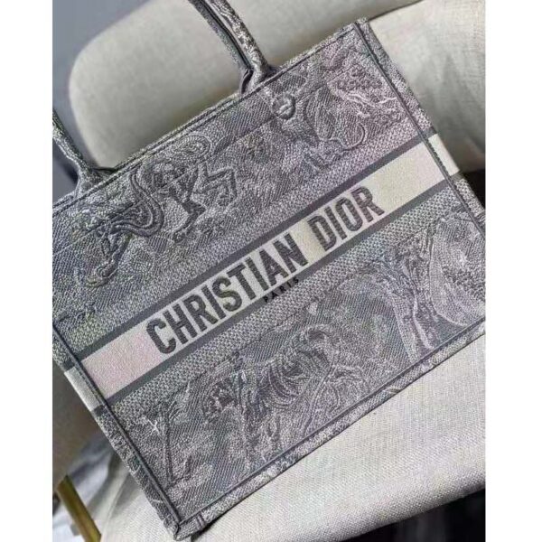 Dior Unisex CD Medium Dior Book Tote Gray Toile De Jouy Embroidery (10)