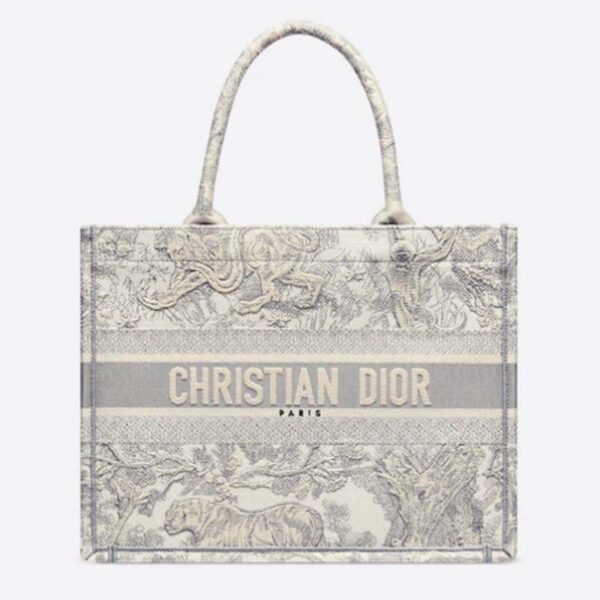 Dior Unisex CD Medium Dior Book Tote Gray Toile De Jouy Embroidery (7)