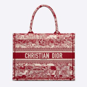 Dior Unisex Medium Book Tote Burgundy Toile De Jouy Stripes Embroidery