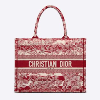 Dior Unisex Medium Book Tote Burgundy Toile De Jouy Stripes Embroidery