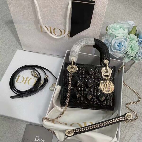 Dior Women CD Mini Lady Dior Bag Black Patent Cannage Calfskin (12)