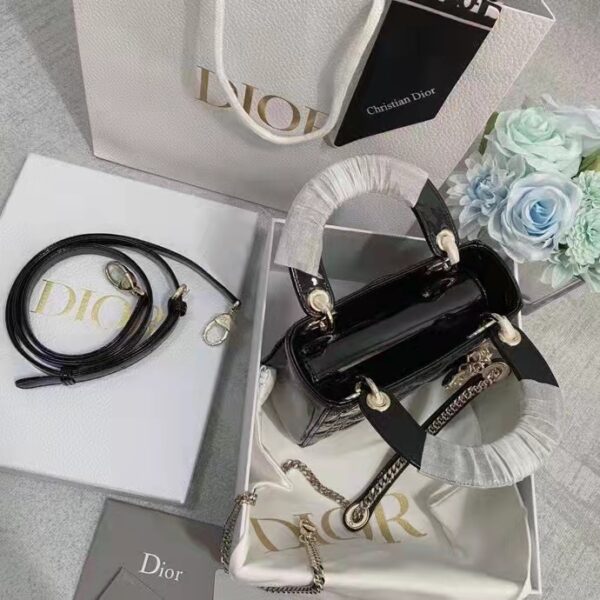 Dior Women CD Mini Lady Dior Bag Black Patent Cannage Calfskin (3)