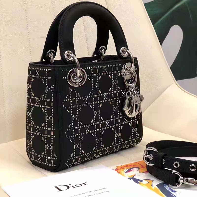 Mini Lady Dior Bag Black Strass Cannage Satin