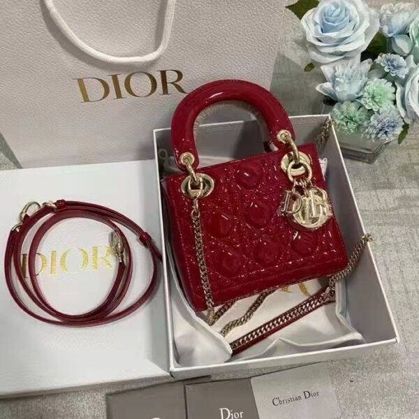Dior Women CD Mini Lady Dior Bag Cherry Red Patent Cannage Calfskin (1)