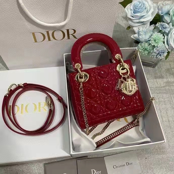 Small Lady Dior Bag Cherry Red Patent Cannage Calfskin