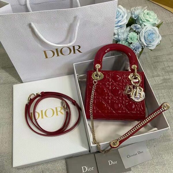 Dior Women CD Mini Lady Dior Bag Cherry Red Patent Cannage Calfskin (10)