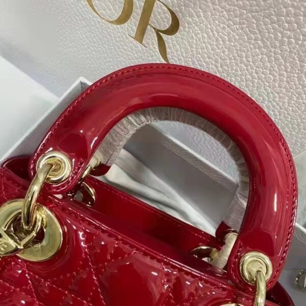 Dior Women CD Mini Lady Dior Bag Cherry Red Patent Cannage Calfskin (6)