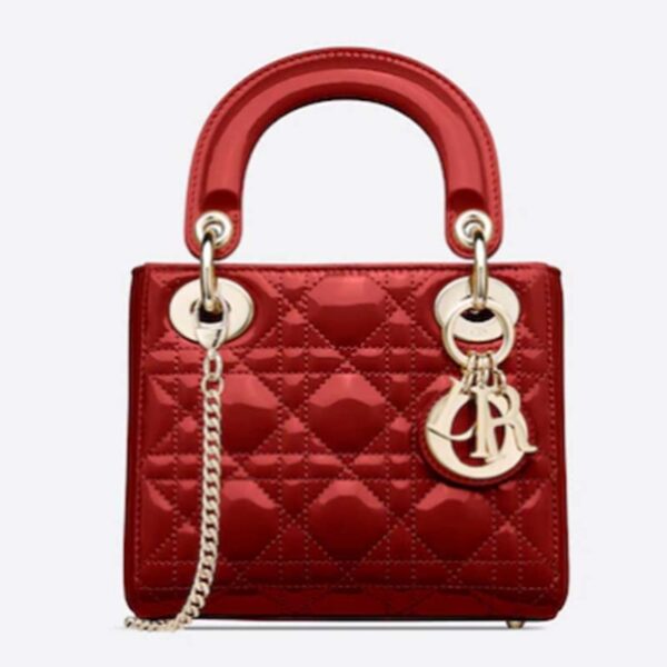 Dior Women CD Mini Lady Dior Bag Cherry Red Patent Cannage Calfskin (7)