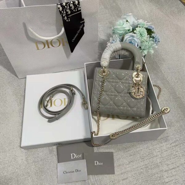 Dior Women CD Mini Lady Dior Bag Gray Patent Cannage Calfskin (4)