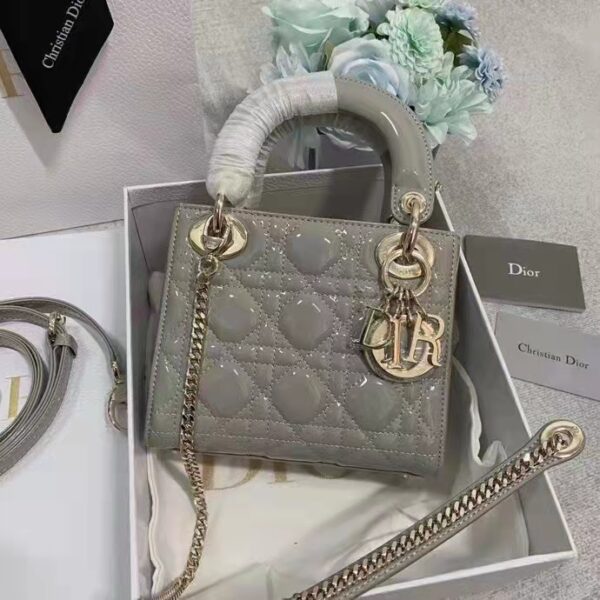 Dior Women CD Mini Lady Dior Bag Gray Patent Cannage Calfskin (7)