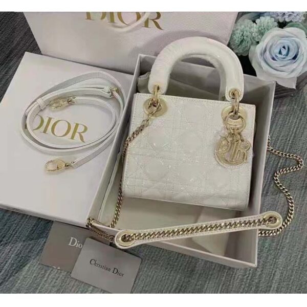 Dior Women CD Mini Lady Dior Bag Latte Patent Cannage Calfskin (10)