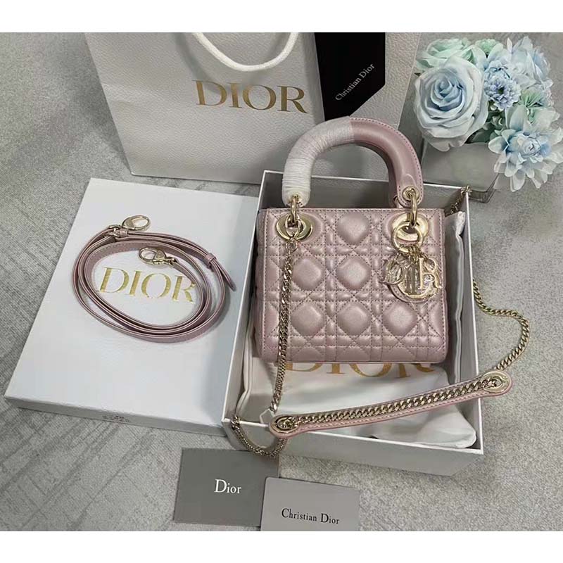 Mini Lady Dior Bag Lotus Pearlescent Cannage Lambskin