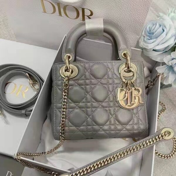 Dior Women CD Mini Lady Dior Bag Opaline Gray Pearlescent Cannage Lambskin (10)