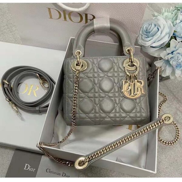 Dior Women CD Mini Lady Dior Bag Opaline Gray Pearlescent Cannage Lambskin (12)