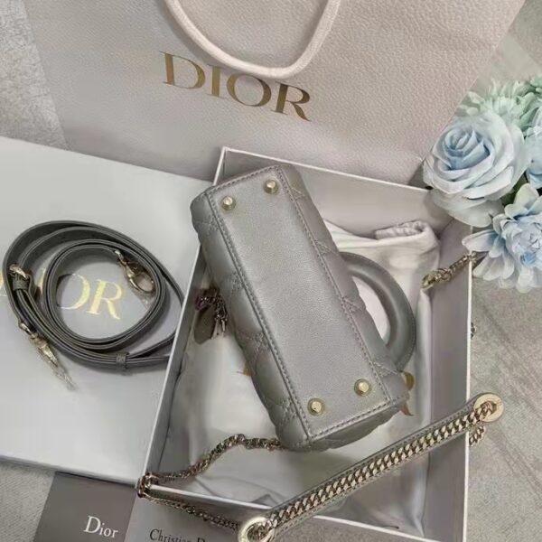 Dior Women CD Mini Lady Dior Bag Opaline Gray Pearlescent Cannage Lambskin (13)