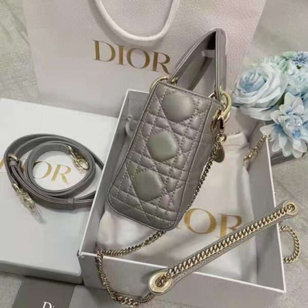 Dior Women CD Mini Lady Dior Bag Opaline Gray Pearlescent Cannage Lambskin (8)