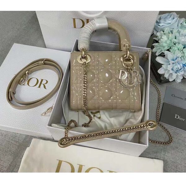 Dior Women CD Mini Lady Dior Bag Pale Yellow Patent Cannage Calfskin (11)