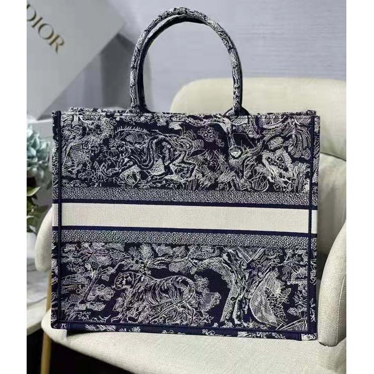 Dior Navy Blue/White Toile De Jouy Embroidery Canvas Large Book Tote Dior