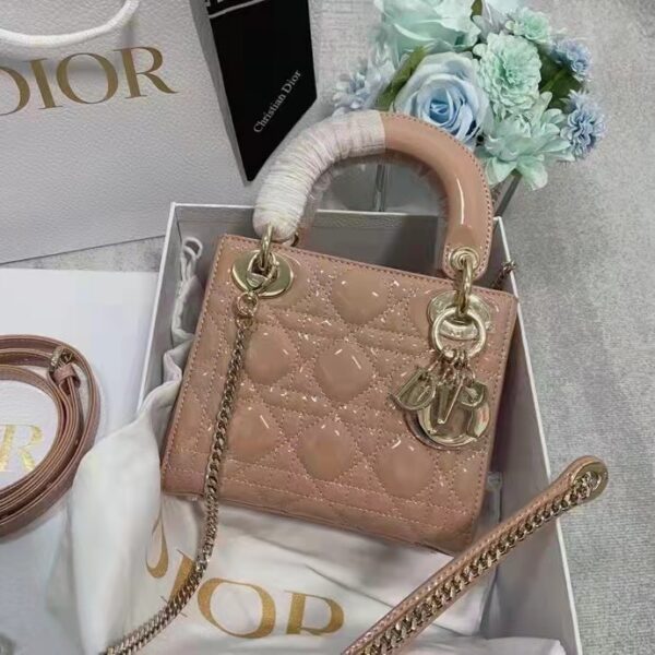 Dior Women Mini Lady Dior Bag Rose Des Vents Patent Cannage Calfskin (4)