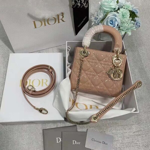 Dior Women Mini Lady Dior Bag Rose Des Vents Patent Cannage Calfskin (7)
