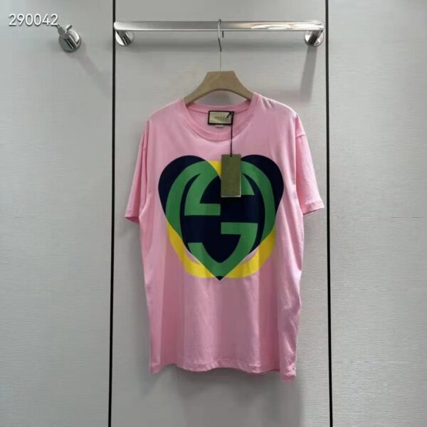 Gucci Men GG Interlocking G Heart T-Shirt Pink Cotton Jersey Crewneck Oversize Fit (1)