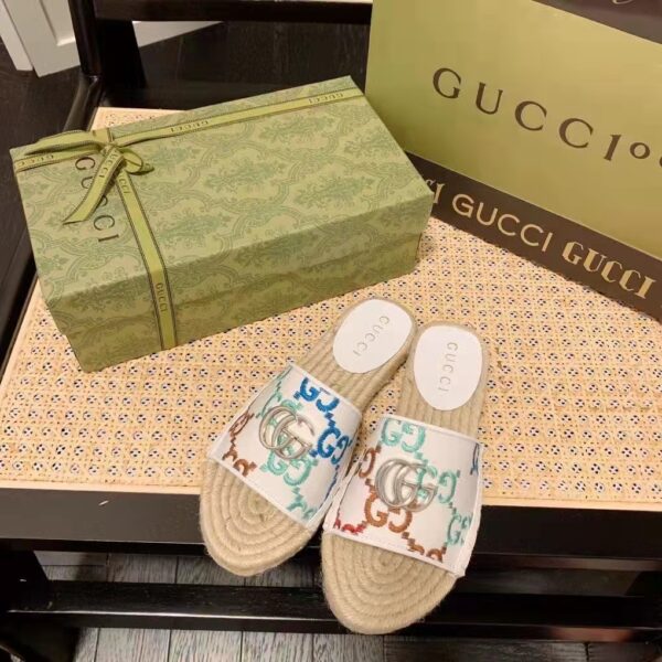 Gucci Unisex GG Espadrille Slides Multicolor GG Linen Canvas 2cm Heel (15)