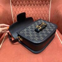 Gucci Unisex Horsebit 1955 Shoulder Bag Black Ivory GG Denim Jacquard (2)