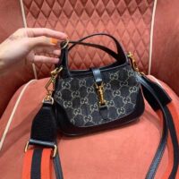 Gucci Unisex Jackie 1961 Mini Shoulder Bag Black Ivory GG Denim Jacquard (13)