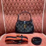 Gucci Women Jackie 1961 Mini Shoulder Bag Black Ivory GG Denim Jacquard - Image 5