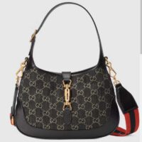 Gucci Unisex Jackie 1961 Small Shoulder Bag Black Ivory GG Denim Jacquard