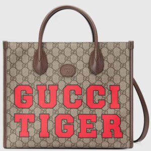 Gucci Unisex Tiger GG Small Tote Bag Beige Ebony GG Supreme Canvas