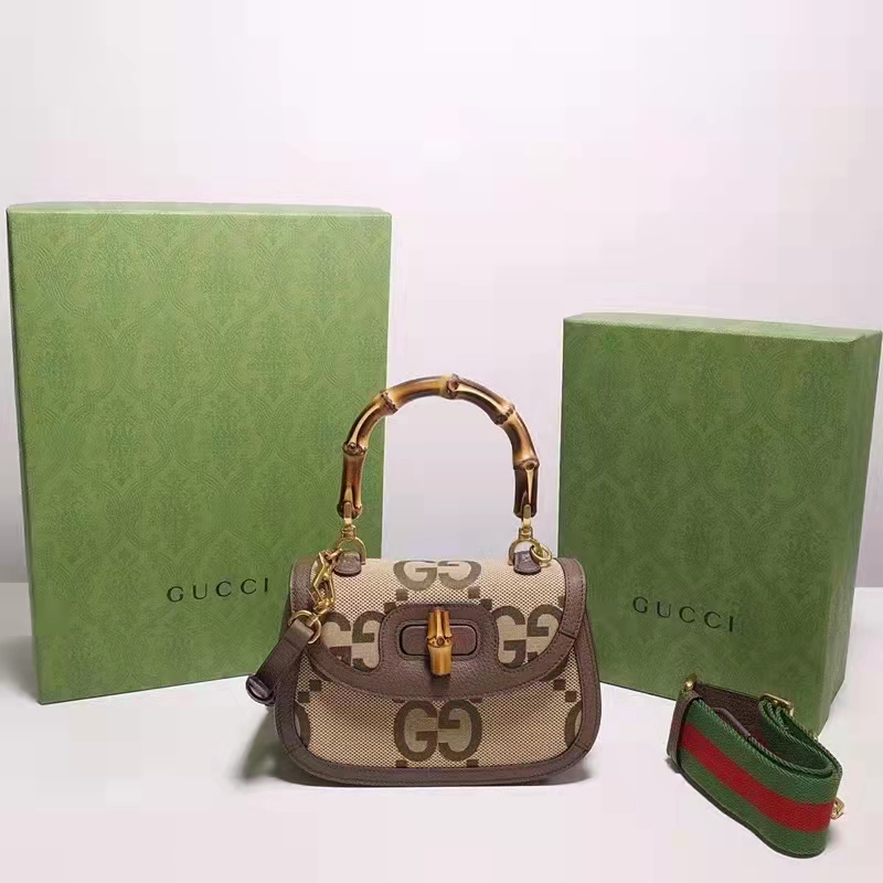 Gucci Bamboo 1947 jumbo GG small top handle bag in camel and ebony canvas